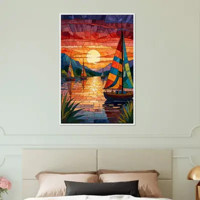 Sunset Sail - Stained Glass Boat Framed Print