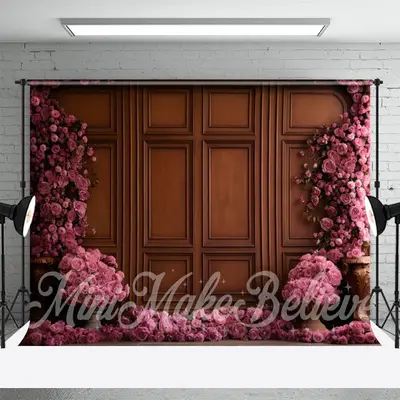 Pink Floral Brown Wooden Retro Wall Photo Backdrop - Aperturee