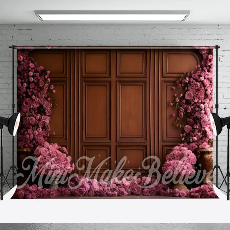 Pink Floral Brown Wooden Retro Wall Photo Backdrop - Aperturee