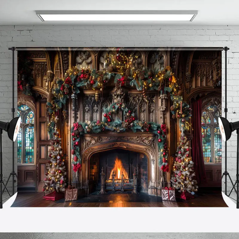 Retro Luxury Brown Wall Fireplace Christmas Backdrop