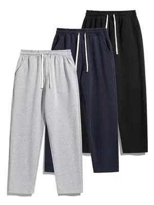 Men's Solid Thermal Lined Drawstring Waist Pants, Casual Comfy Loose Fitting Trousers for Fall & Winter, Men's Bottoms for Da...
