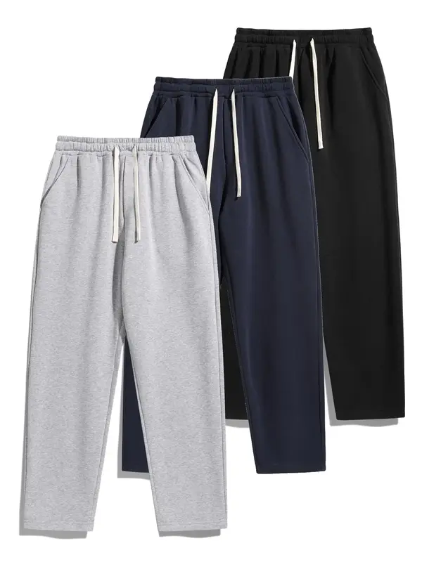 Men's Solid Thermal Lined Drawstring Waist Pants, Casual Comfy Loose Fitting Trousers for Fall & Winter, Men's Bottoms for Da...
