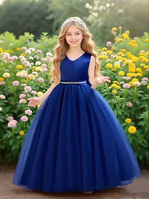 Christmas Long Dress for Girls, V Neck with Big Bow, Mid-Waist Rhinestone Design, Multi-Layer Mesh, Perfect for Piano Perform...