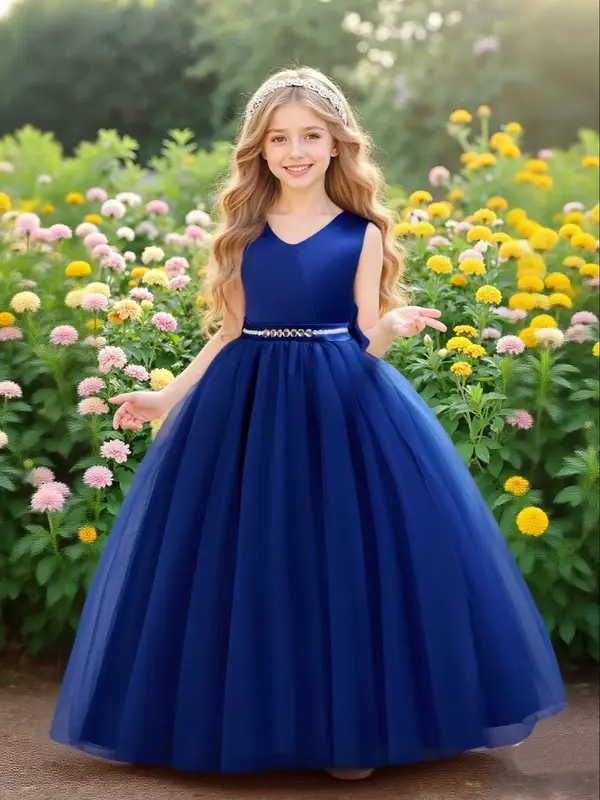 Christmas Long Dress for Girls, V Neck with Big Bow, Mid-Waist Rhinestone Design, Multi-Layer Mesh, Perfect for Piano Perform...