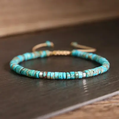 Natural Turquoise Stone Bracelet Healing Crystal Barrel Gemstone Braided Dainty Bracelet Handmade Minimalist Style for Daily ...