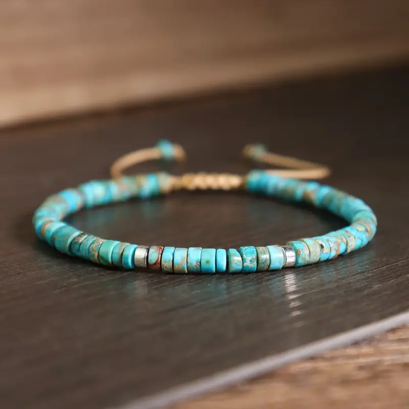 Natural Turquoise Stone Bracelet Healing Crystal Barrel Gemstone Braided Dainty Bracelet Handmade Minimalist Style for Daily ...