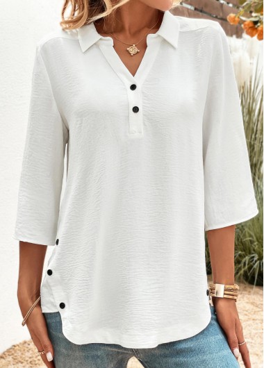 Modlily White Button 3/4 Sleeve Shirt Collar Blouse - M