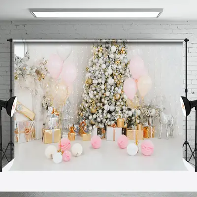 Aperturee Pink Balloon Gold White Bauble Tree Xmas Backdrop