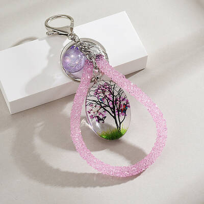 Oval Shape Tree of Life Dried Flower & Glass Keychain