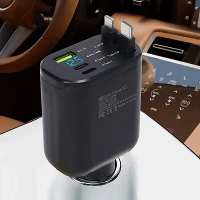 5 in 1 Retractable Car Charger, USB 3.1A Type C PD USB C Fast Charging Voltage Detection Car Charger Compatible with iOS & An...