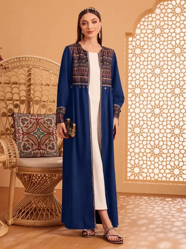 Women's Embroidery Long Sleeve Abaya, Elegant Open Front Muslim Robe for Women, Ladies Islamic Clothing for Daily Wear