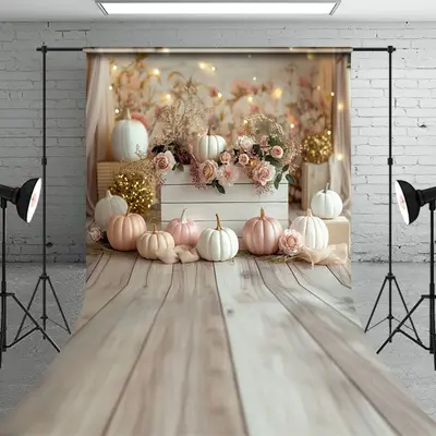 Floral Pumpkins Wooden Floor Sweep Wedding Backdrop