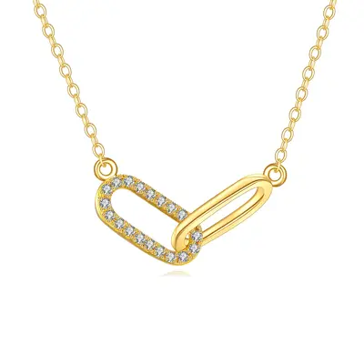 14K Gold Cubic Zirconia Paper Clip Pendant Necklace
