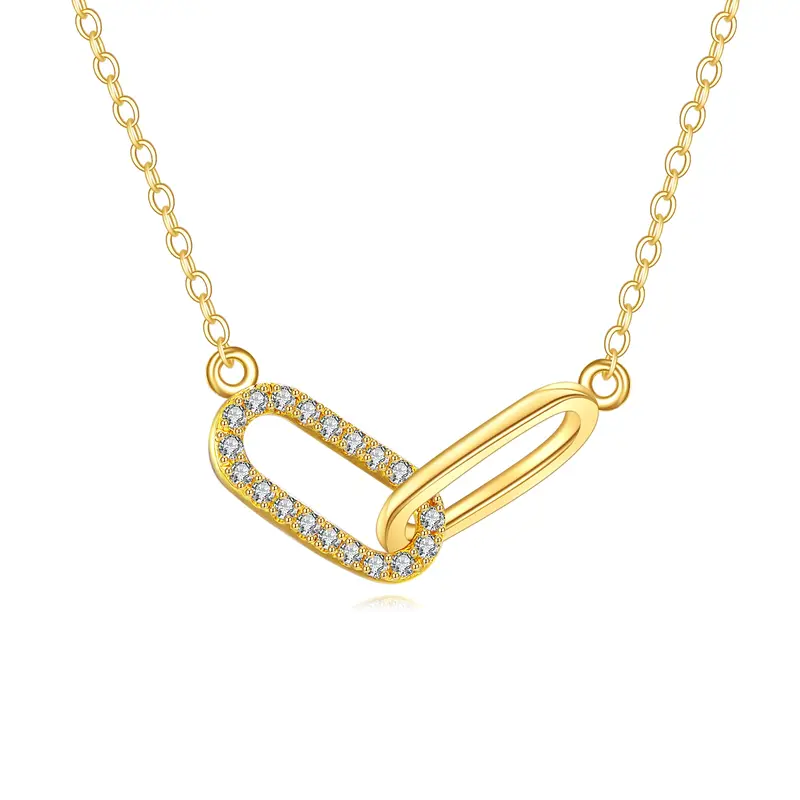 14K Gold Cubic Zirconia Paper Clip Pendant Necklace