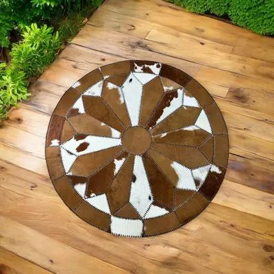 Cowhide Patchwork Round Rug, Flower, Spiral, Compass, Star, Moon, Buffalo and Horn Shape Round Rugs