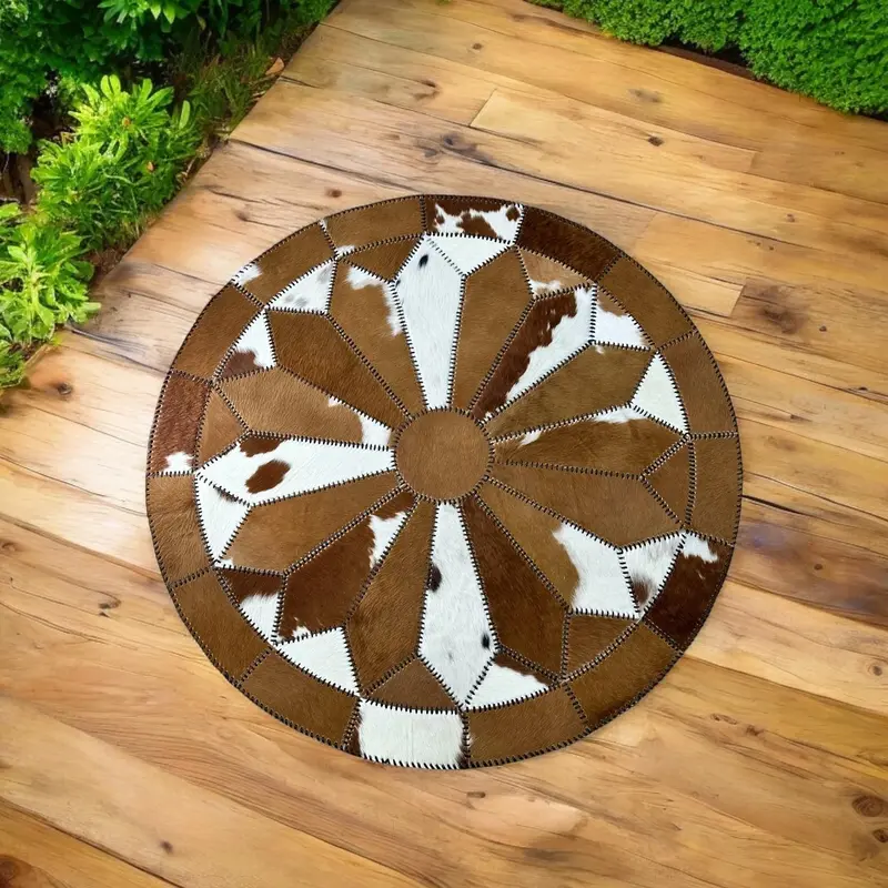 Cowhide Patchwork Round Rug, Flower, Spiral, Compass, Star, Moon, Buffalo and Horn Shape Round Rugs