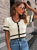 Women's Contrast Binding Crop T-shirts, Casual Elegant Short Sleeve Top for Daily Wear, Ladies Clothes for All Seasons