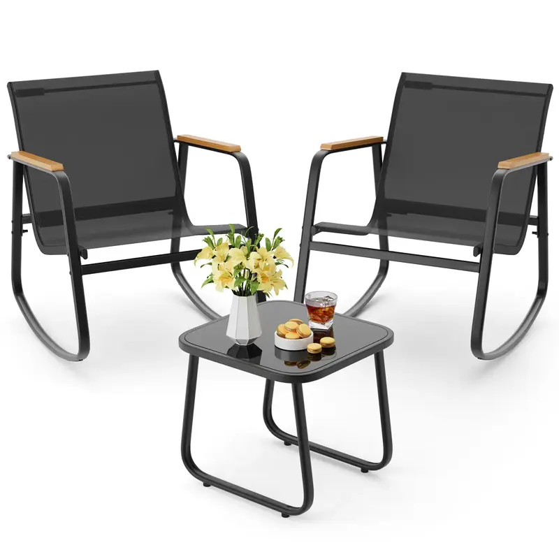 Gizoon 3 Piece Rocking Bistro Set, Textilene Fabric Patio Furniture Set, Front Porch Rocker Chairs with Coffee Table for Lawn...
