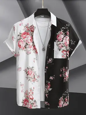Men's Colorblock & Floral Print Button Front Shirt, Loose Casual Pocket Short Sleeve Top for Summer, Mens Shirts, Summer Clot...