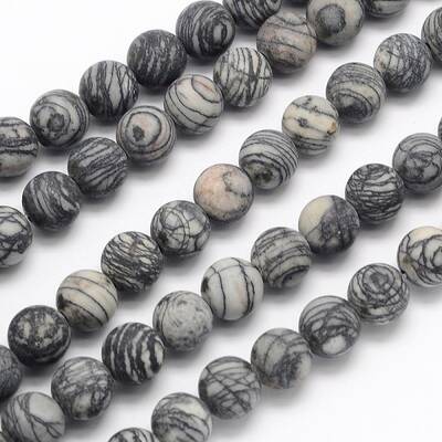 Frosted Round Natural Black Polychrome Jasper/Picasso Stone/Picasso Jasper Beads Strands