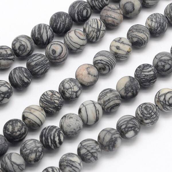 Frosted Round Natural Black Polychrome Jasper/Picasso Stone/Picasso Jasper Beads Strands