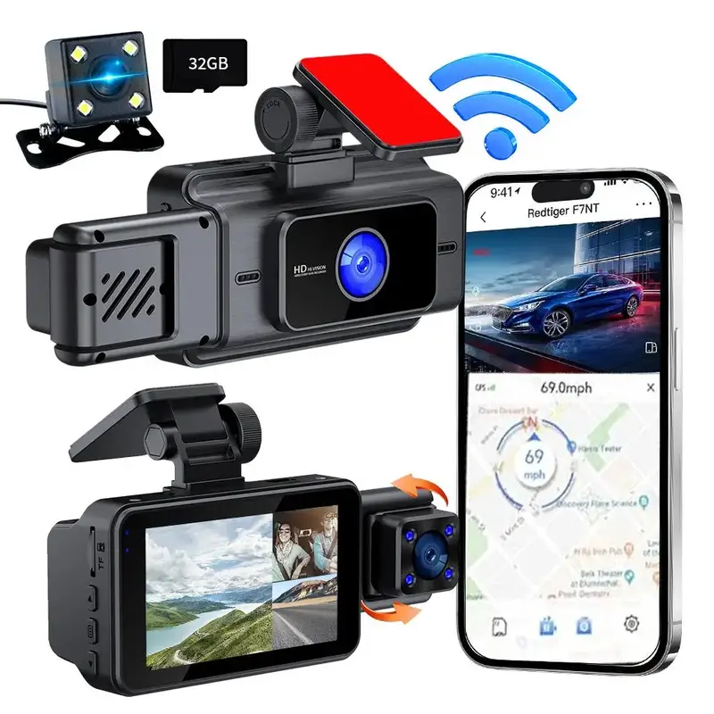 WIFI Car Dashboard Camera, 1 Set 3-Channel Dash Camera with Night Vision, Car Dashcam with 32GB Card, 1080P Full HD 170 Degre...