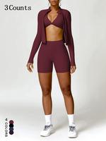 Three-Piece Set Women's Solid Ribbed Crop Top & High Waist Leggings & Open Front Long Sleeve Outerwear, Casual Sporty for Yog...
