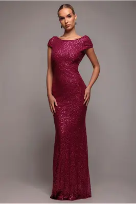 Goddiva Cowl Back Sequin Maxi - Burgundy