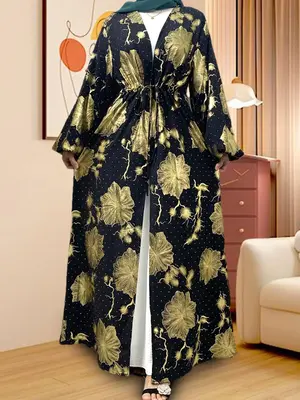 Women's Floral Print Long Sleeve Abaya Dress, Modesty Elegant Open Front Kimono Robe, Muslim Chic Islamic Clothing for Wome...