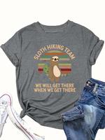 【Plus Size】 Women's Cartoon Sloth & Letter Print Round Neck Tee, Fashion Casual Crew Neck T-Shirt for Daily Wear, Ladies ...