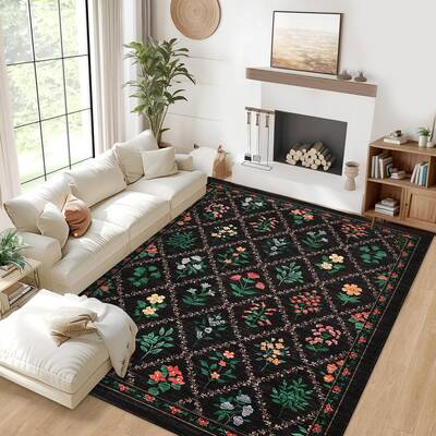 Garvee Large Living Room Rugs 8x10 Floral Trellis Pattern, Machine Washable, Non-Slip, Polyester, Stain Resistant, Low Pile, ...