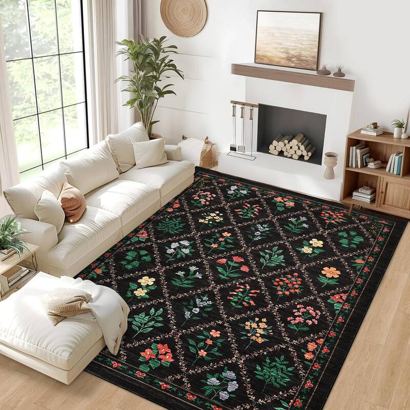 Garvee Large Living Room Rugs 8x10 Floral Trellis Pattern, Machine Washable, Non-Slip, Polyester, Stain Resistant, Low Pile, ...