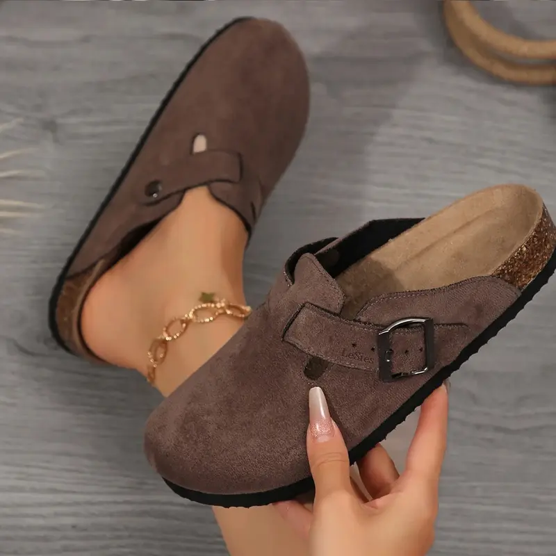 Women's Comfortable Slippers Suede Leather Cork Footbed Potato Shoes with Cushioned Cork-Footbed
