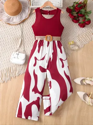 Girl's Colorblock Print Tank Romper with Belt, Elegant Sleeveless Jumpsuit for Summer, Kids Clothes for Daily Wear
