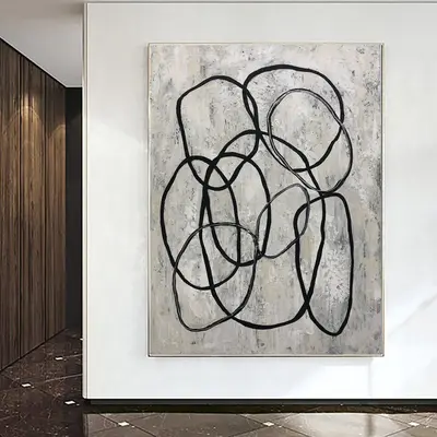 Abstract Circles Painting Black And White Painting Rings Painting on Canvas Hand Painted Textured Painting Minimalist Art Roo...