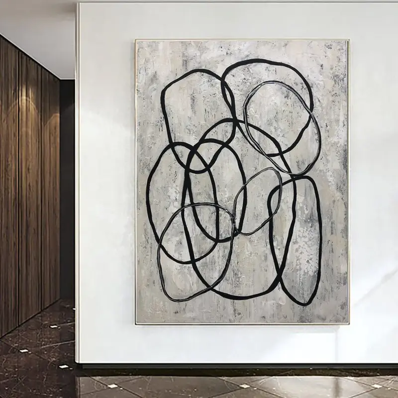 Abstract Circles Painting Black And White Painting Rings Painting on Canvas Hand Painted Textured Painting Minimalist Art Roo...
