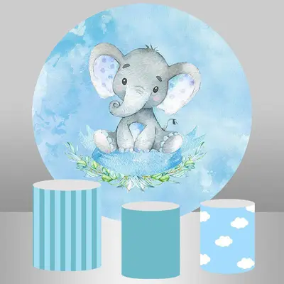 Aperturee Blue Elephant And Leaves Boys Round Baby Shower Backdrop | Round Party Backdrop | Circle Backdrop Baby Shower | Rou...