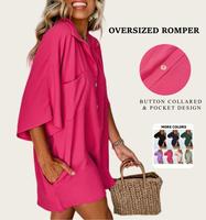 Asvivid Women's Oversized Summer Romper - Half Sleeve Button Collar Pocket Jumpsuit, Casual Chic Loose Fit Vacation Outfit