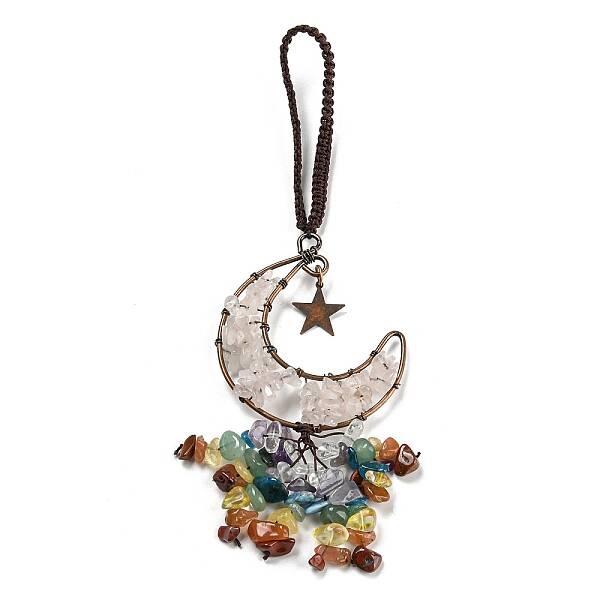 Wire Wrapped Brass Moon & Natural Rose Quartz Pendant Decoration