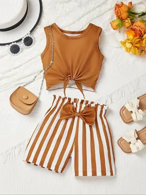 Girl's Tank Top & Striped Print Bow Decor Shorts Two-Piece Set, Casual Sleeveless Top & Shorts for Summer, Kids Clothes for ...