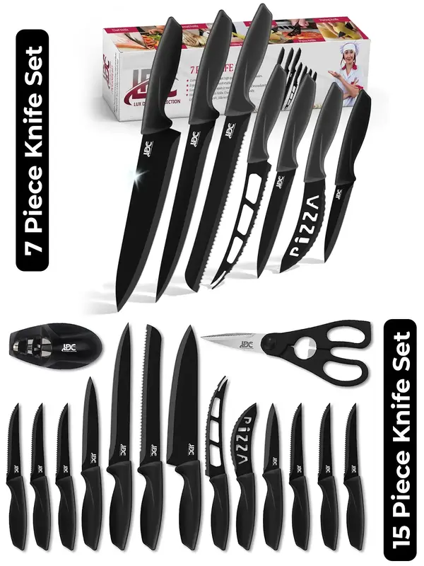 Lux Decor 7 & 15 Pieces Knives Set -Stainless Steel Ultra Sharp Cutlery Knife Set-  Rust Proof Black Steak Knives & Vegetable...
