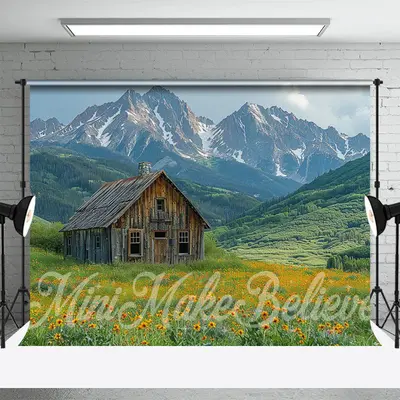 Grassland Mountain Wooden House Spring Photo Backdrop - Aperturee