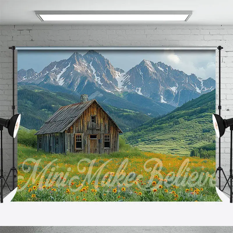 Grassland Mountain Wooden House Spring Photo Backdrop - Aperturee