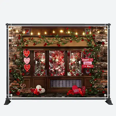 Red Floral Shop Brick Wall Valentines Day Backdrop - Aperturee
