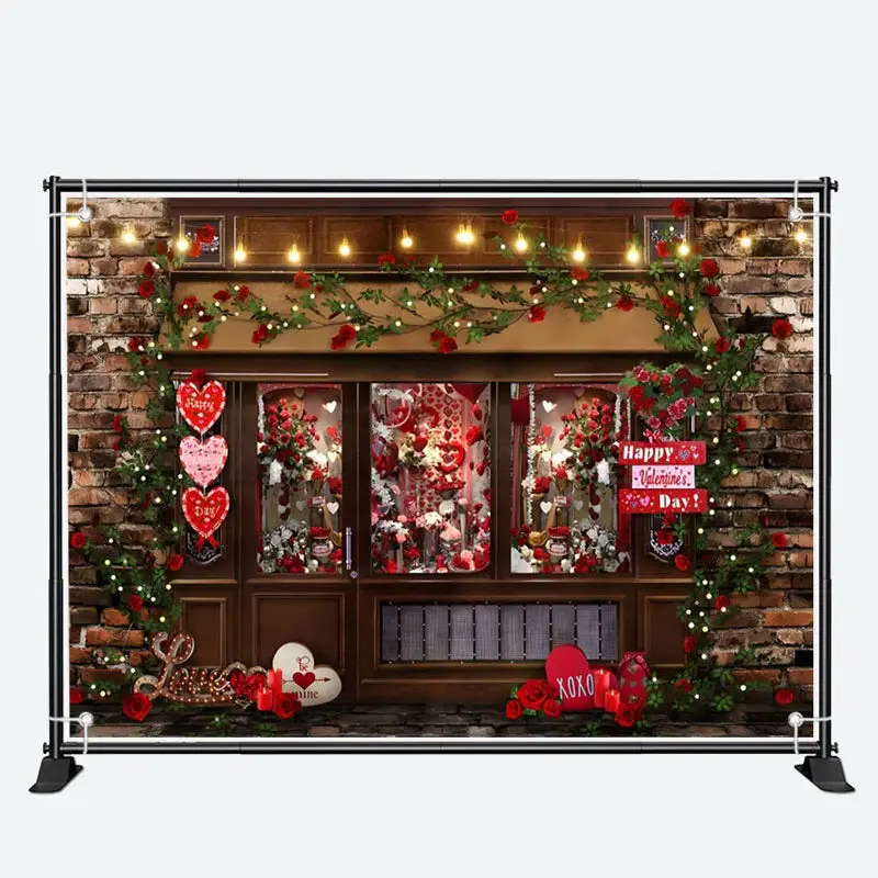 Red Floral Shop Brick Wall Valentines Day Backdrop - Aperturee