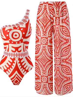 Women's Ethnic Pattern Summer Swimsuit Set, Boho One Shoulder One Piece Swimsuit & Elastic Waist Pants Swimwear Set, Summer B...