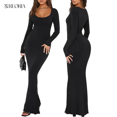 REORIA Fallfreshness Women's Sexy Scoop Neck Long Sleeve Lounge Long Dress Summer Outdoorfun Ribbed Bodycon Maxi Dresses Fall...