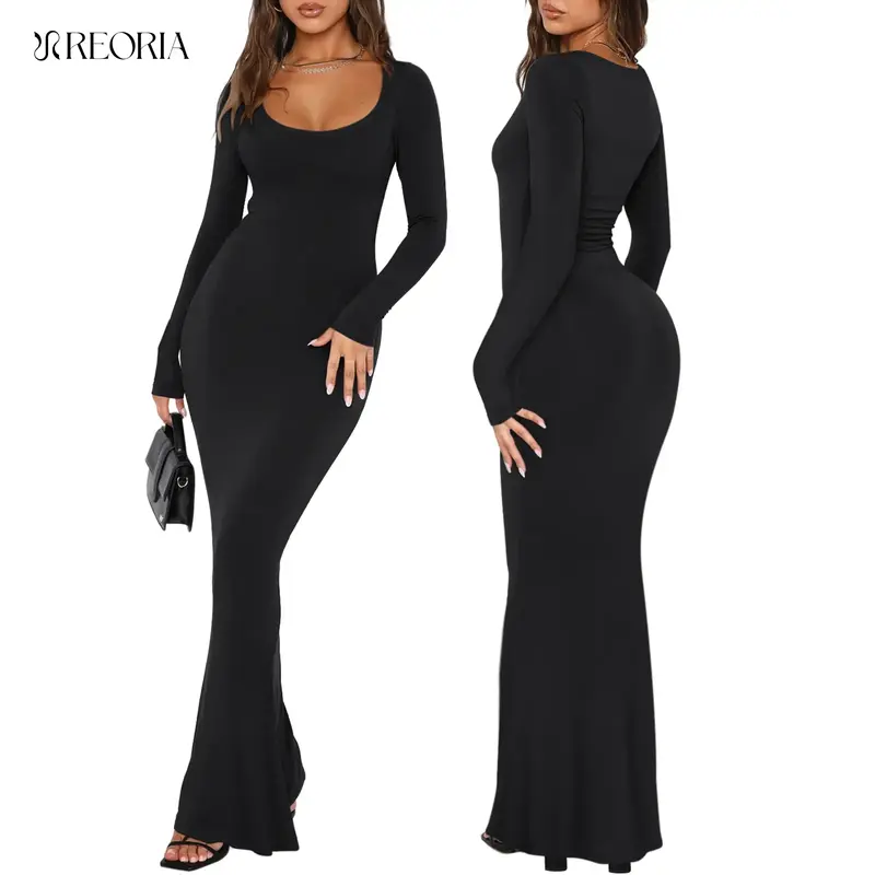 REORIA Fallfreshness Women's Sexy Scoop Neck Long Sleeve Lounge Long Dress Summer Outdoorfun Ribbed Bodycon Maxi Dresses Fall...