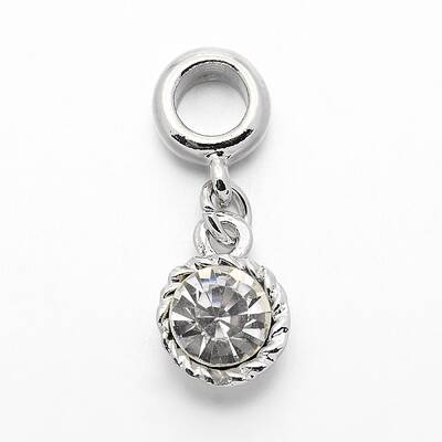 Platinum Plated Alloy Enamel Rhinestone Large Hole European Dangle Flat Round Pendants