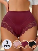 QUASTI 3 Packs Ladies Ice Silk Sexy Briefs with Lace Edge, High Waist Stretch Briefs, 3-Colors Seamless Breathable Soft Brief...